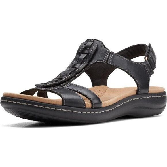 Clarks Black Leather Flat Sandals Women Adjustable Strap Comfort Summer Shoe - Picture 1 of 8